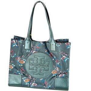 Tory Burch Ella Green Floral Nylon Bag with Dark Green Straps, Details & Bottom
